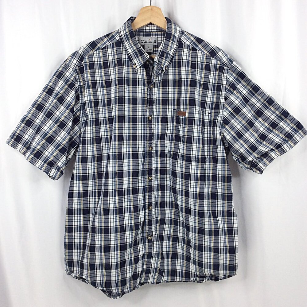 Carhartt Shirt Mens Size Large Navy Blue‎ Plaid Short Sleeve Button Down Pocket